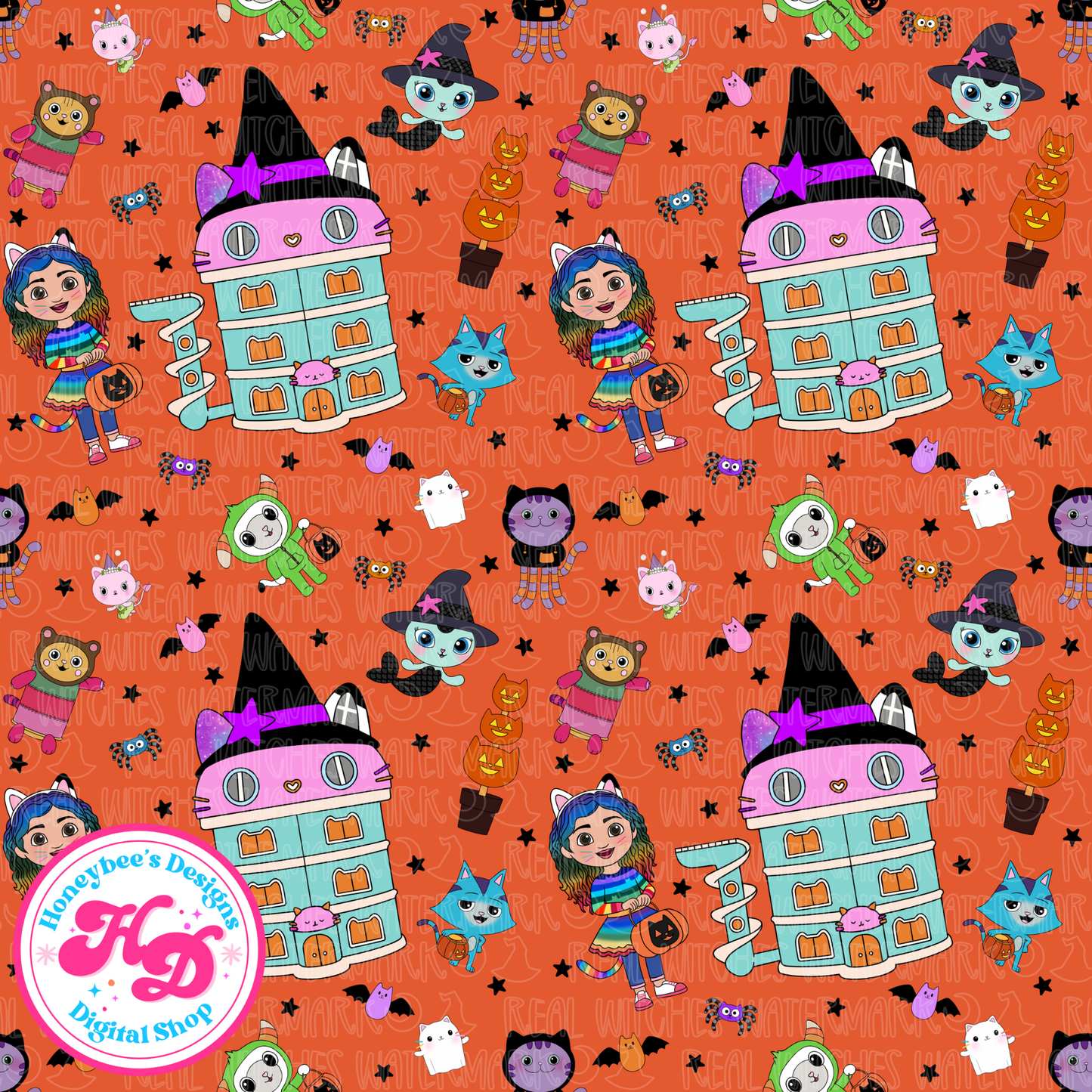 Gabby CAT-OWEEN Doll House Orange Halloween Seamless