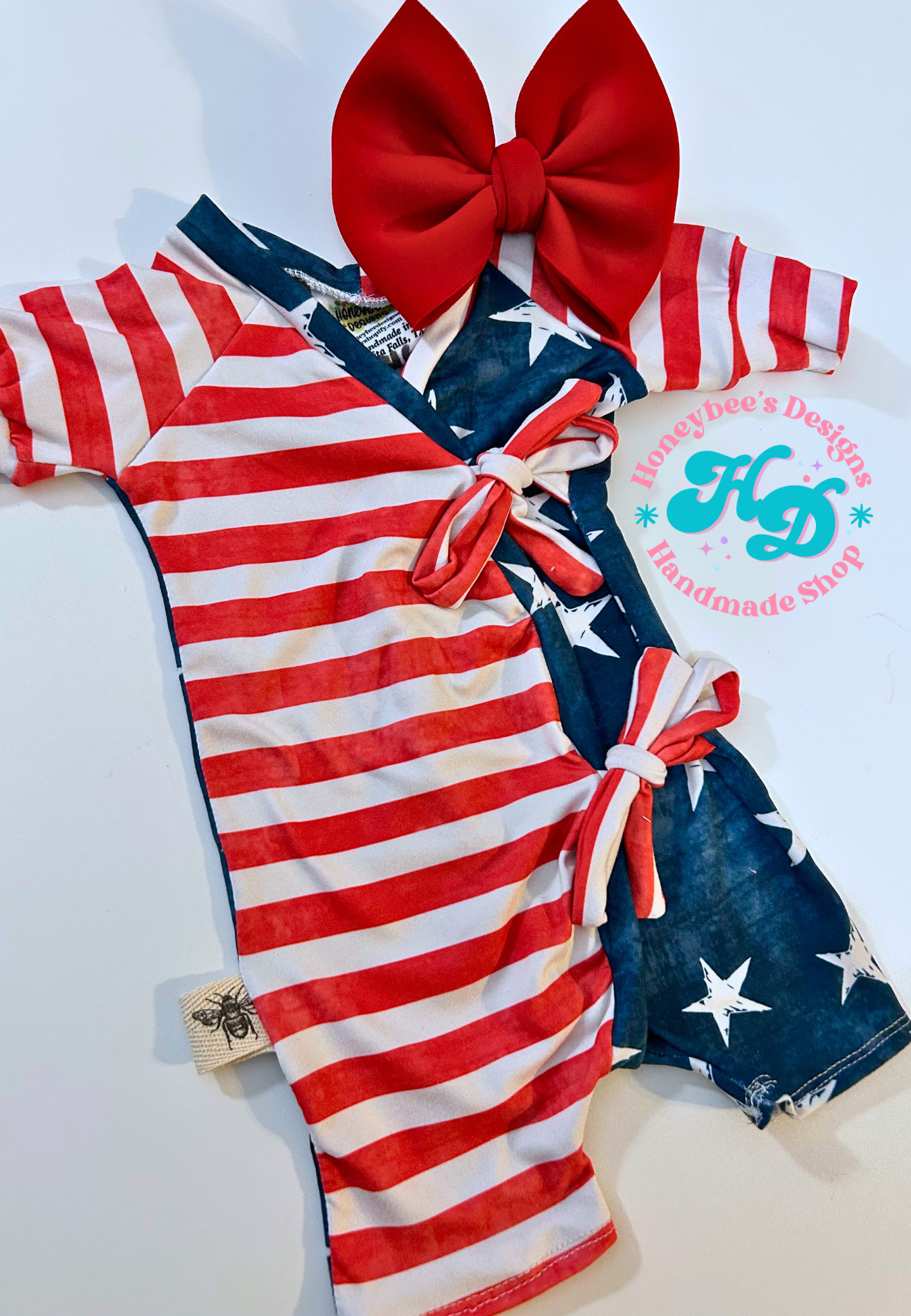 GIRLS Fourth of July half Stars and Stripes River short sleeved Romper with bow (up to 5T only)