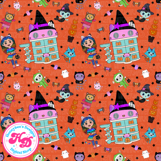 Gabby CAT-OWEEN Doll House Orange Halloween Seamless