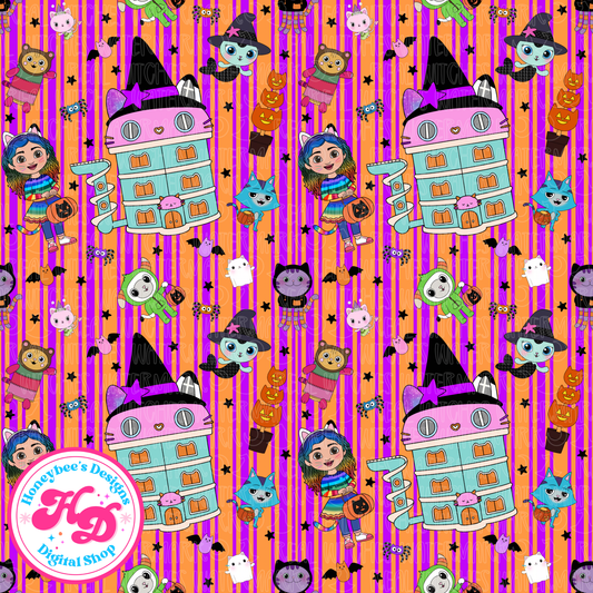 Gabby CAT-OWEEN Doll House Stripes Halloween Seamless