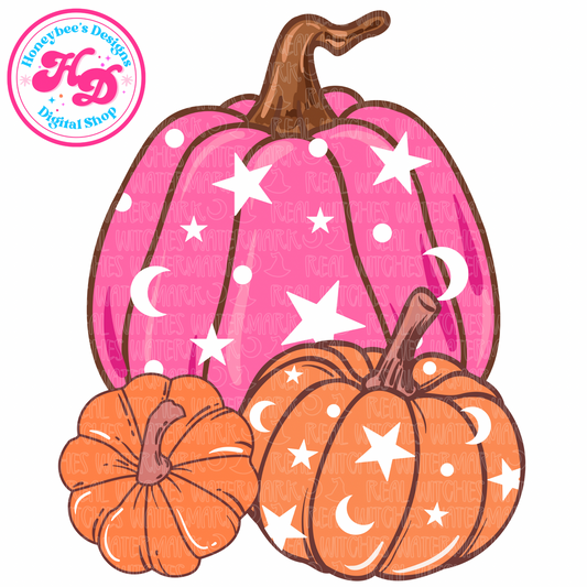 Pink stars/moon Pumpkin Halloween PNG