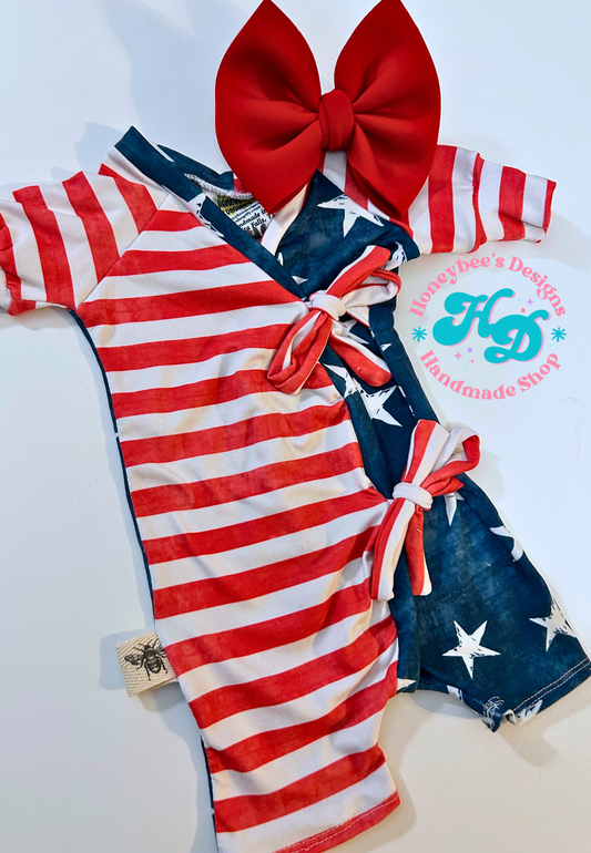GIRLS Fourth of July half Stars and Stripes River short sleeved Romper with bow (up to 5T only)